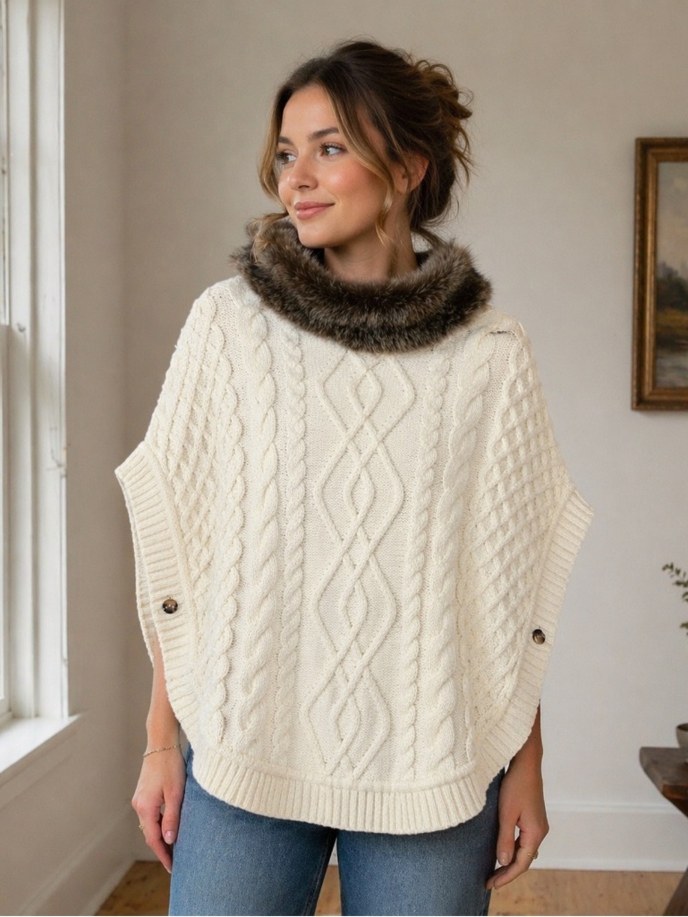 Talbots Cream Cable Knit Poncho Faux Fur Collar Cozy Winter Sweater Cape Sz L